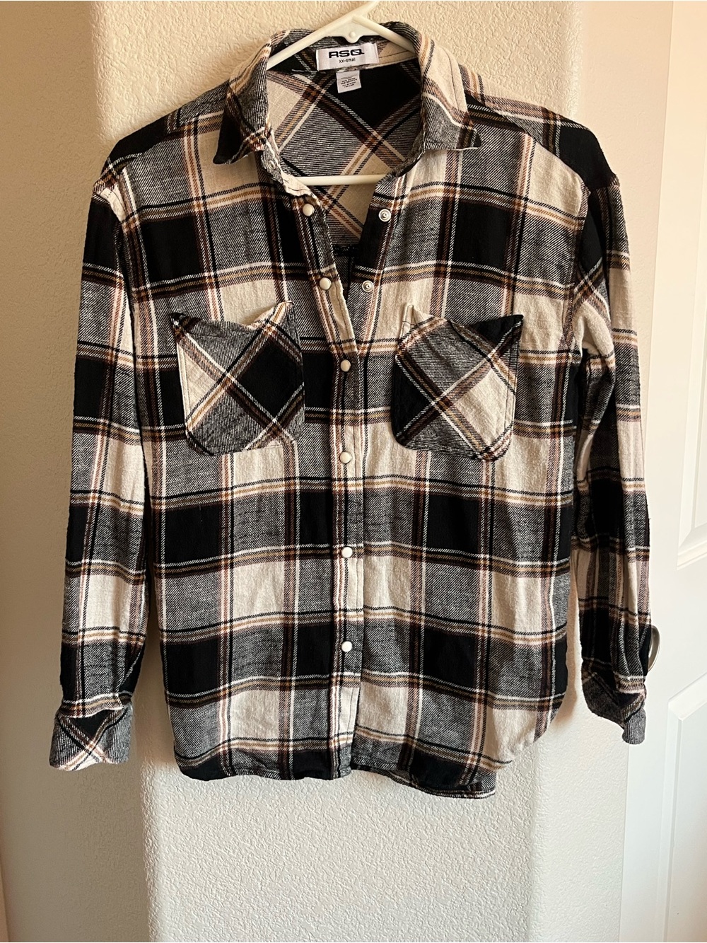 RSQ Black, Cream & Brown Plaid Snap-Front Shirt